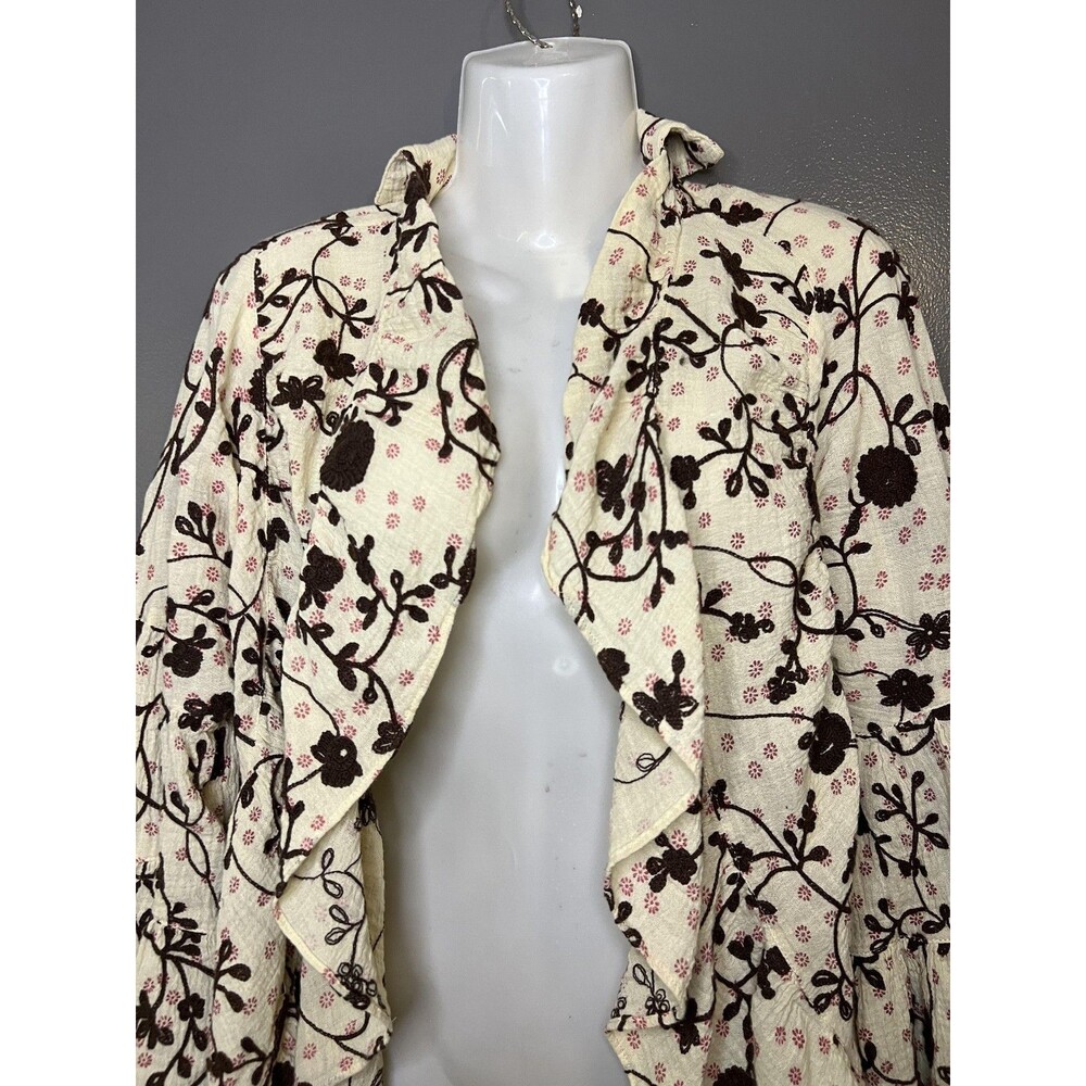 Tracy Porter Kimono Blouse Womens 6-8 White Brown Embroidered Floral Ruffle Boho